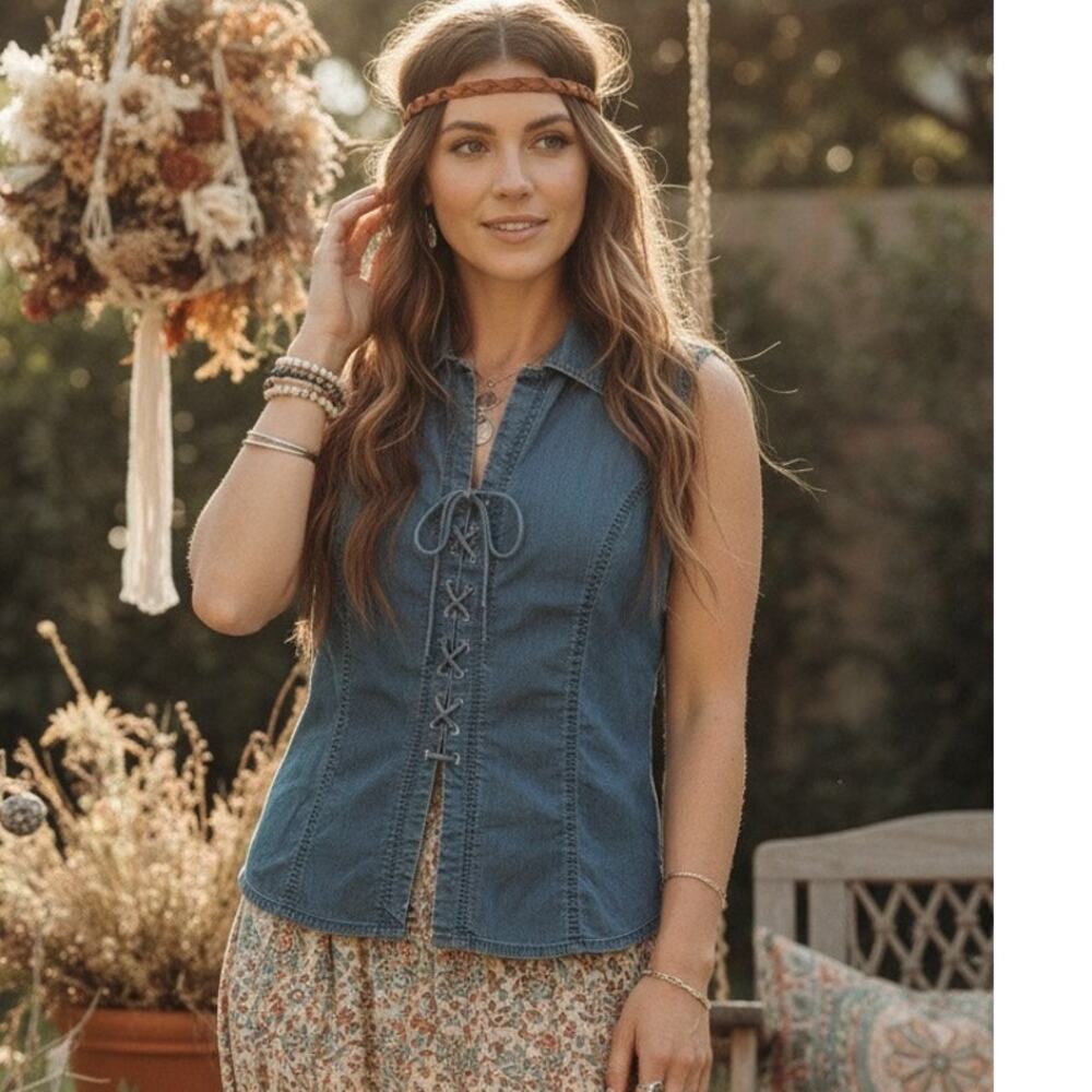 Vintage Faded Glory lace front hippie/boho chambray blouse